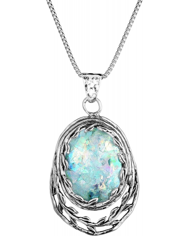 Paz Creations 925 Sterling Silver Necklace For Women Girls | Roman Glass Oval-Shapped Leaf Design Pendant with 18" Box Chain ...