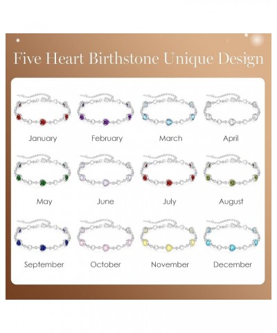 925 Sterling Silver Birthstone Bracelets for Women, Five Love Heart Link Charm Bracelet Valentines Day Gift for Her, Birthday...