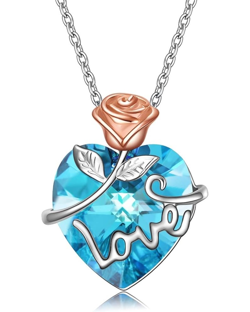 Rose Flower Crystal Pendant Necklace for Women, Sterling Silver Romantic Love Jewelry Gifts 3- Aquamarine $19.32 Necklaces