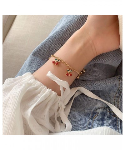 Cute Cherry Tassel Strawberry Bracelet Cherry Green Leaves Fruit Bracelet for Women Girl's Food Chain Bracelet Cherry $8.84 B...