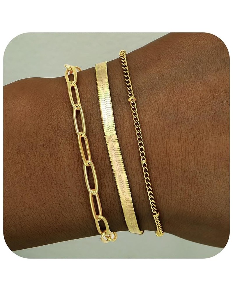 Gold Link Bracelets Sets for Women Girls, 14K Gold Plated Dainty Classic Adjustable Paperclip Layered Bracelets, Fashion Simp...