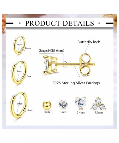 7 Pairs Sterling Silver Huggie Hoop Earrings Studs Set for Women 14K Gold Plated Small Cartilage Earring for Multiple Piercin...