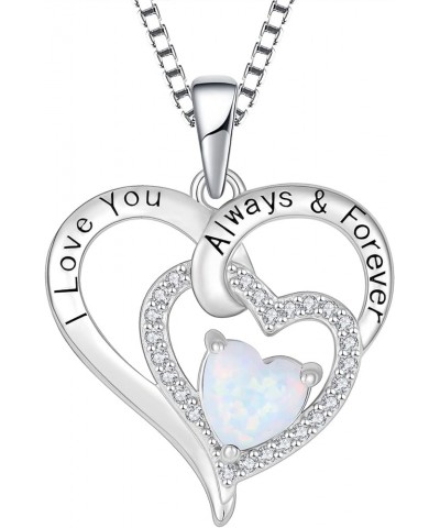 Women 925 Sterling Silver Heart Fire Opal Birthstone Necklace 3A CZ Engraved with I Love You Always & Forever Pendant Necklac...