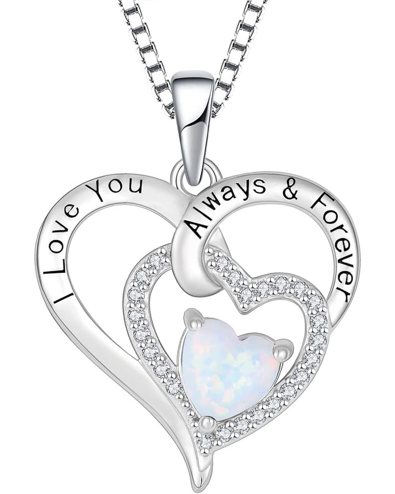 Women 925 Sterling Silver Heart Fire Opal Birthstone Necklace 3A CZ Engraved with I Love You Always & Forever Pendant Necklac...