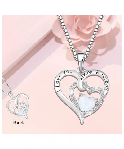 Women 925 Sterling Silver Heart Fire Opal Birthstone Necklace 3A CZ Engraved with I Love You Always & Forever Pendant Necklac...