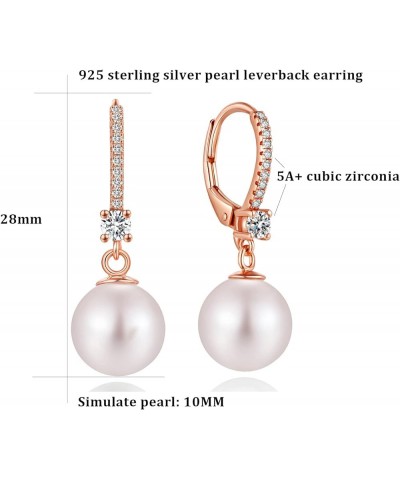 18K White Gold Plated Pearl Dangle Drop Earrings, 925 Sterling Silver Cubic Zirconia Pearl Leverback Earrings for Women 8MM-1...