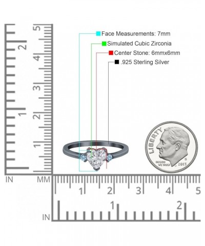 Art Deco Heart Three Stone Wedding Bridal Ring Round Aquamarine Simulated Cubic Zirconia 925 Sterling Silver Black Tone, Simu...