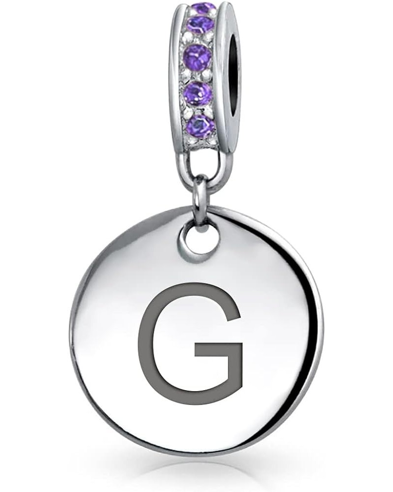 Engravable A-Z Monogram PURPLE Crystal Accent Bale Dangle Round Circle Disc Shaped Alphabet Initial Charm Bead For Women Teen...