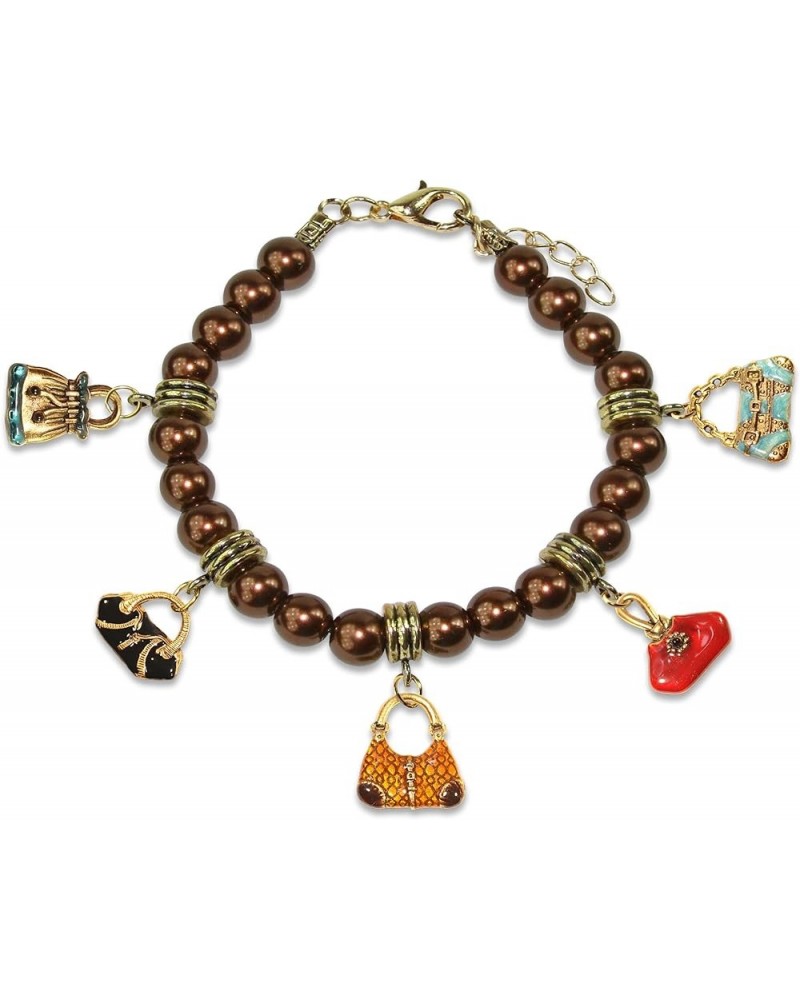 Purse Lover Charm Bracelet | Handpainted Charms | Handmade in USA Antique Gold Finish - Cognac Glass Beaded Bracelet $18.43 B...