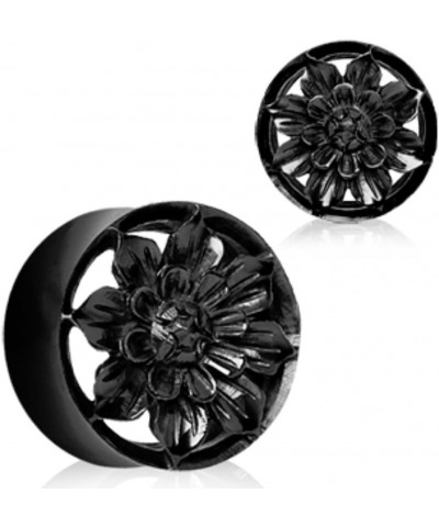 Organic Black Buffalo Horn Flesh Tunnel Plug with Carved Dahlia Flower 0g $15.59 Body Jewelry