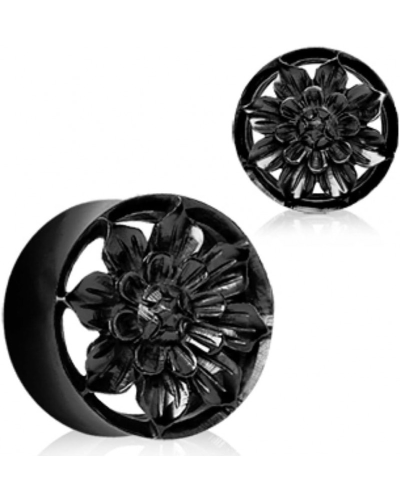 Organic Black Buffalo Horn Flesh Tunnel Plug with Carved Dahlia Flower 0g $15.59 Body Jewelry