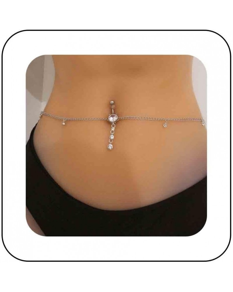 Belly Ring Waist Chain Rhinestone Crystal Tassel Belly Chain Sexy Non Piercing Belly Button Ring Body Chain Beach Bikini Harn...