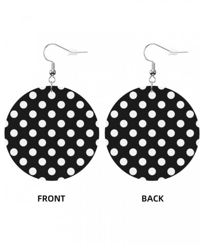 Black White Polka Dot Faux Leather Round Earring Dangle Hook，Round Dangle Earrings For Women Girls Lovely Hippie Leather Earr...