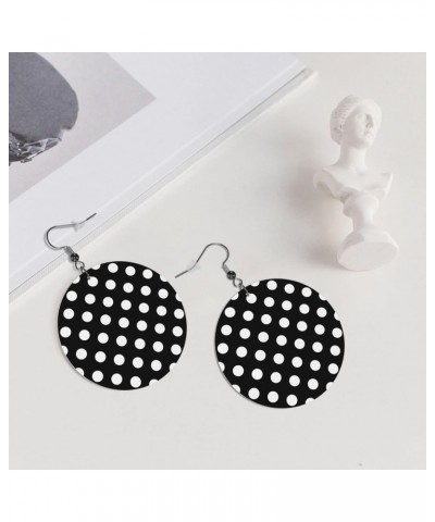 Black White Polka Dot Faux Leather Round Earring Dangle Hook，Round Dangle Earrings For Women Girls Lovely Hippie Leather Earr...