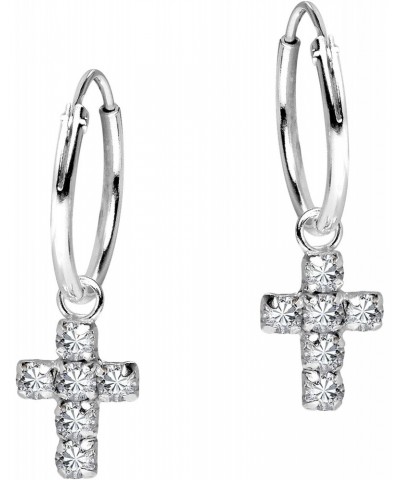 Meaningful and Stylish Christian Cross with Sparkling Cubic Zirconia Gemstones on .925 Sterling Silver Hoop Dangle Earrings f...