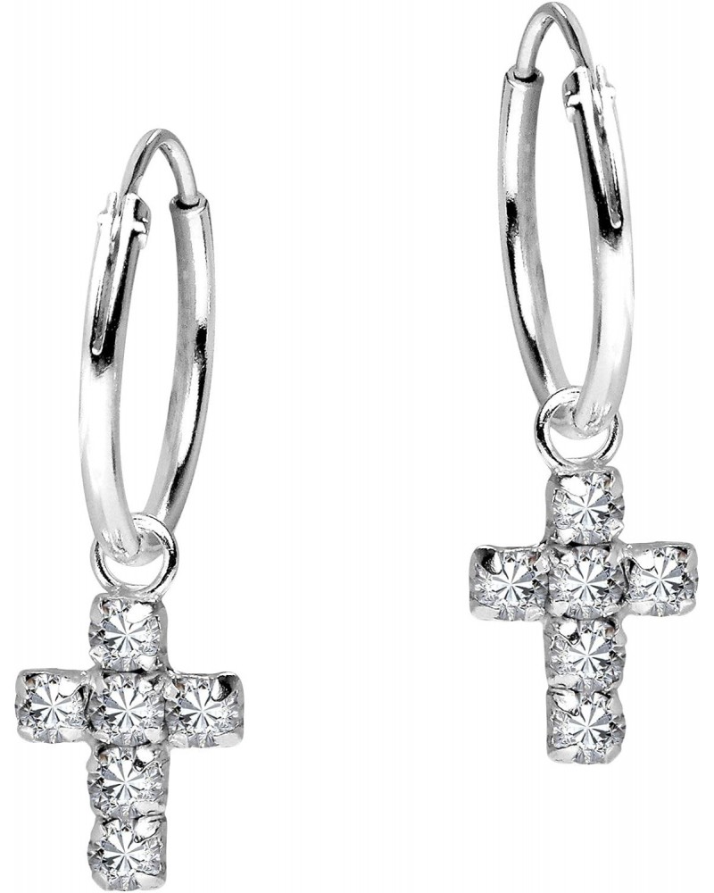 Meaningful and Stylish Christian Cross with Sparkling Cubic Zirconia Gemstones on .925 Sterling Silver Hoop Dangle Earrings f...