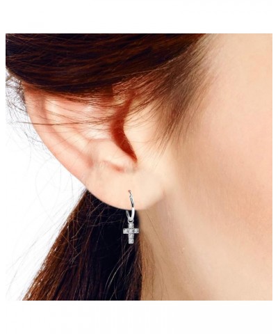 Meaningful and Stylish Christian Cross with Sparkling Cubic Zirconia Gemstones on .925 Sterling Silver Hoop Dangle Earrings f...