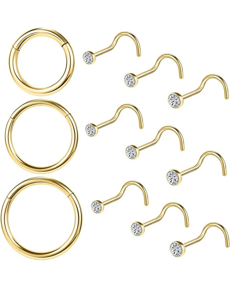 12Pcs 18G 20G Nose Rings Studs Hinged Hoop Nose Rings for Women Men Corkscrew Bone L Shaped Nose Studs Hypoallergenic 316L Su...