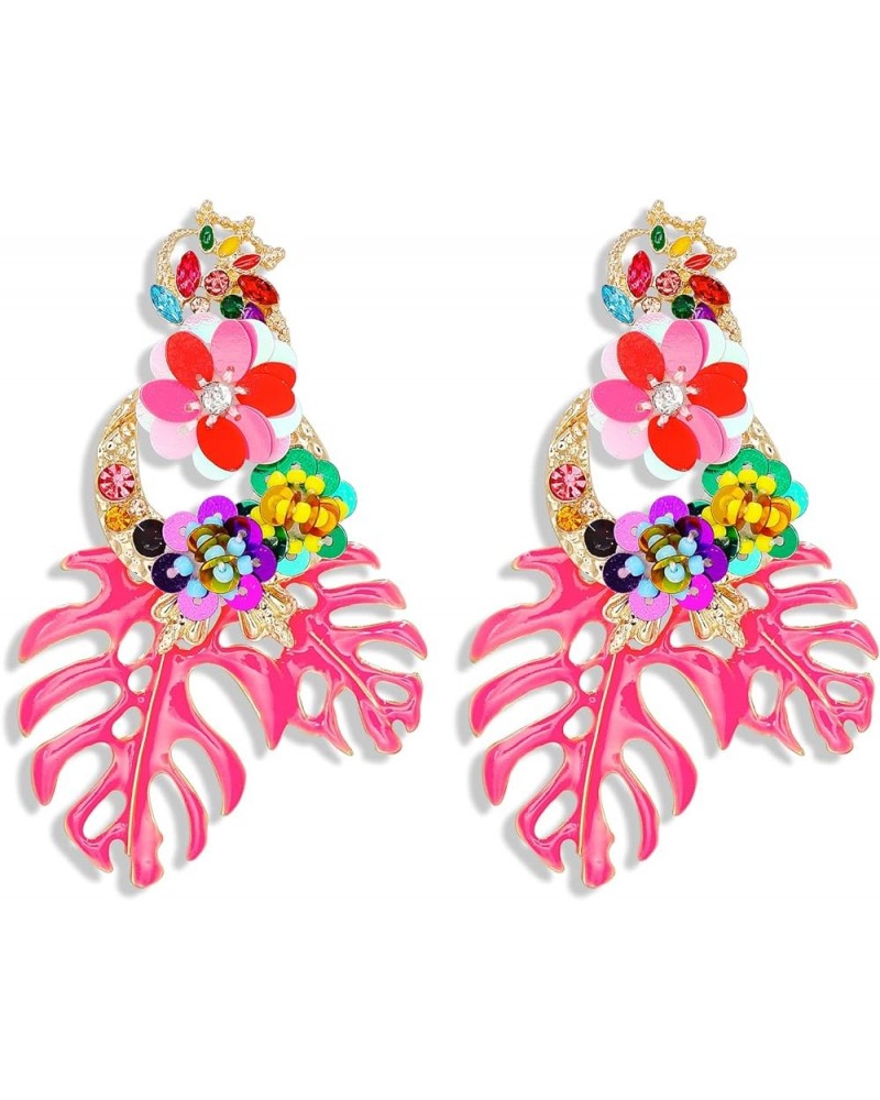 Colorful Leaf Flower Dangling Earring for Women Girls Fashion Statement Boho Drop Earrings Pink $9.08 Earrings