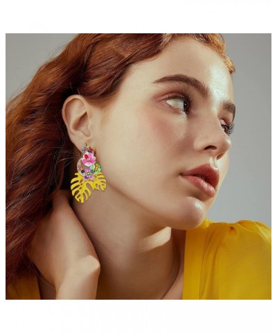 Colorful Leaf Flower Dangling Earring for Women Girls Fashion Statement Boho Drop Earrings Pink $9.08 Earrings