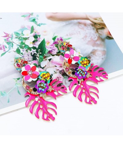 Colorful Leaf Flower Dangling Earring for Women Girls Fashion Statement Boho Drop Earrings Pink $9.08 Earrings