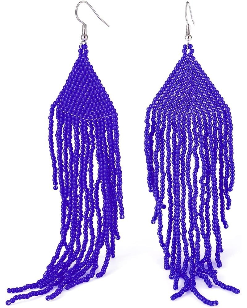 Long Beaded Drop Dangle Earrings Boho Native Handmade Seed Bead Tassel Earrings for Women and Girls, Bohemian Large Statement...