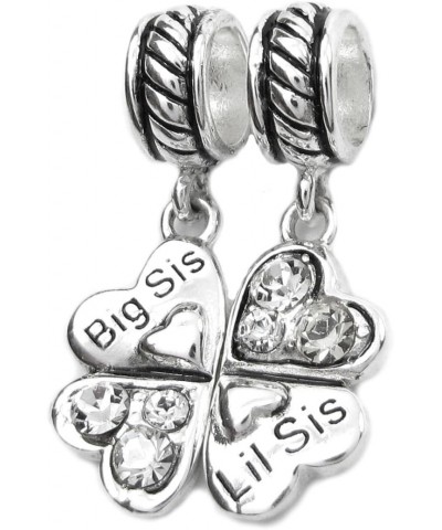 925 Sterling Silver Big Lil Sis Sister Clear Rhinestone Clover Heart European Dangle Charm $17.84 Bracelets