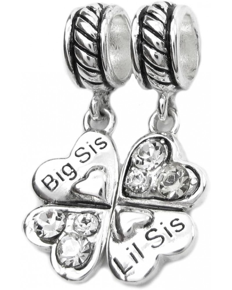 925 Sterling Silver Big Lil Sis Sister Clear Rhinestone Clover Heart European Dangle Charm $17.84 Bracelets