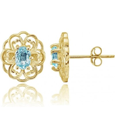 Sterling Silver or Yellow Gold Flashed Gemstone Filigree Flower Stud Earrings Yellow Gold Flash Blue Topaz $17.84 Earrings