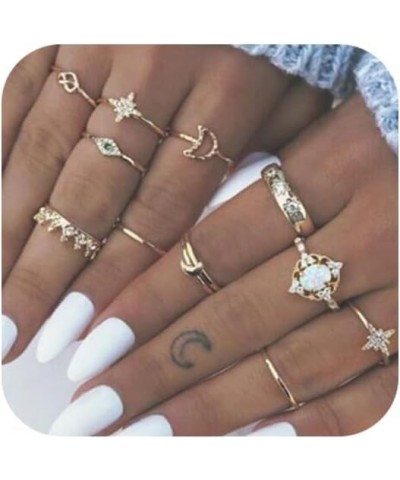 Vintage Boho Rings Crystal Rhinestones Joint Knuckle Stackable Ring Set with Cresent Punk Snake Stacking Midi Finger Rings fo...