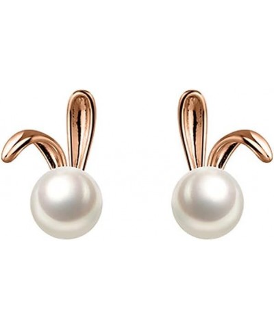 Cute Rabbit Pearl Tiny Stud Earrings for Women Teen Girls 925 Sterling Silver Bunny Animal Cartilage Hypoallergenic Small Stu...