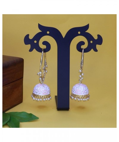 18k Gold Plated Indian Bollywood Festive Party Wear Enamel Pearl Hoop Jhumki Earrings for Women (E2915) White $14.55 Earrings