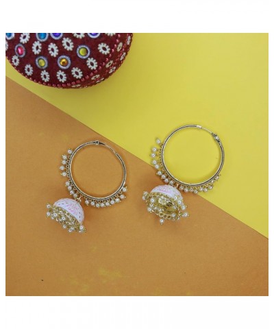 18k Gold Plated Indian Bollywood Festive Party Wear Enamel Pearl Hoop Jhumki Earrings for Women (E2915) White $14.55 Earrings