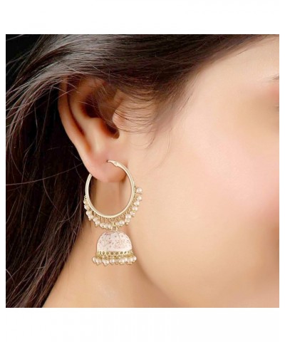 18k Gold Plated Indian Bollywood Festive Party Wear Enamel Pearl Hoop Jhumki Earrings for Women (E2915) White $14.55 Earrings