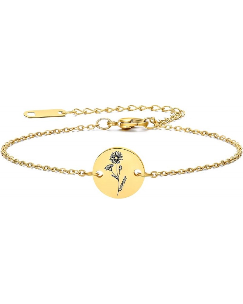 Birth Flower Bracelet 18k Gold Engraved Custom Floral Pendant Bracelets Dainty Stainless Steel Birth Month Chain Disc Charm H...