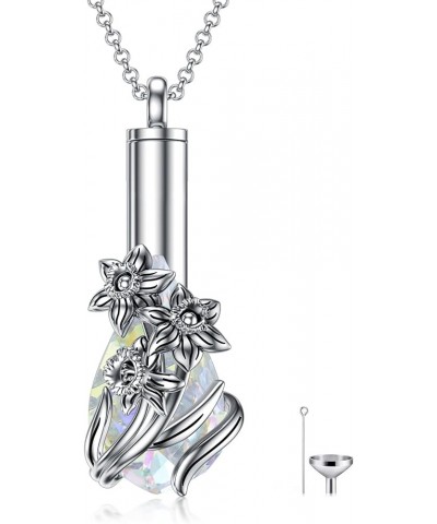 Birth Flower Cremation Jewelry for Ashes Sterling Silver with Teardrop/Heart Crystal Urn Necklace Memorial Keepsake Jewelry w...