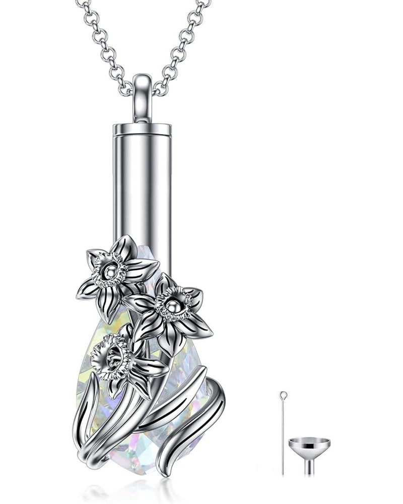 Birth Flower Cremation Jewelry for Ashes Sterling Silver with Teardrop/Heart Crystal Urn Necklace Memorial Keepsake Jewelry w...