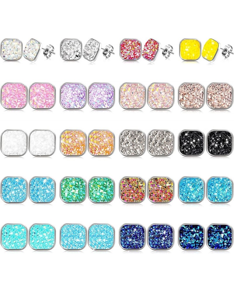 20 Pairs Druzy Stud Earrings Set Stainless Steel Earrings Pierced Earrings Jewelry for Women Girls Square $8.25 Earrings