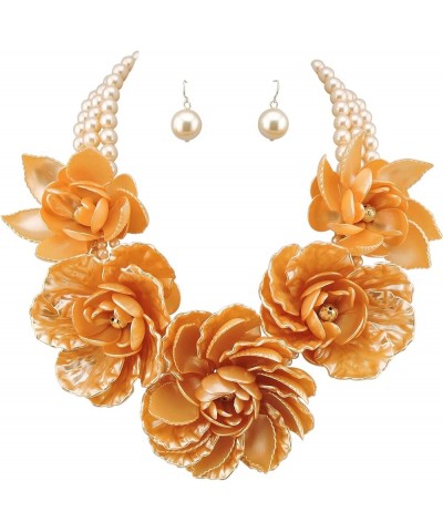 Statement Big Pendant Pearl Flower Necklace Earrings Jewelry Set for Women orange $19.61 Jewelry Sets