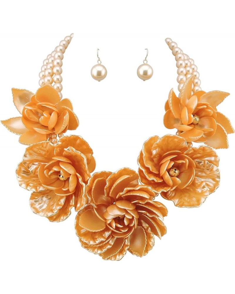 Statement Big Pendant Pearl Flower Necklace Earrings Jewelry Set for Women orange $19.61 Jewelry Sets