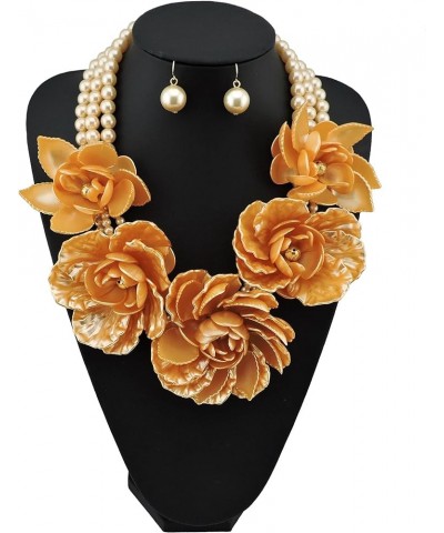 Statement Big Pendant Pearl Flower Necklace Earrings Jewelry Set for Women orange $19.61 Jewelry Sets