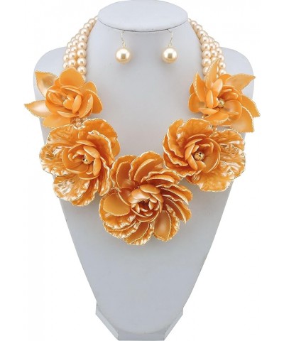 Statement Big Pendant Pearl Flower Necklace Earrings Jewelry Set for Women orange $19.61 Jewelry Sets