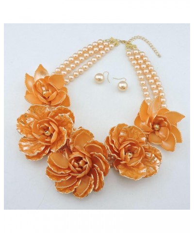 Statement Big Pendant Pearl Flower Necklace Earrings Jewelry Set for Women orange $19.61 Jewelry Sets