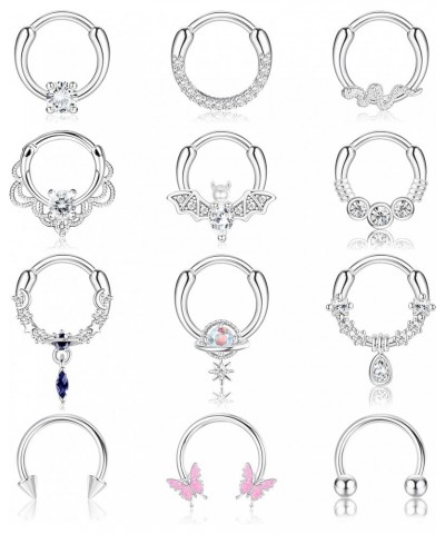 12PCS 16G Septum Rings for Women Men Black Silver Gold Surgical Steel Septum Jewelry Cute CZ Dangle Horseshoe Nose Rings Hoop...