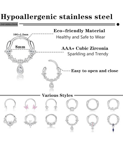 12PCS 16G Septum Rings for Women Men Black Silver Gold Surgical Steel Septum Jewelry Cute CZ Dangle Horseshoe Nose Rings Hoop...