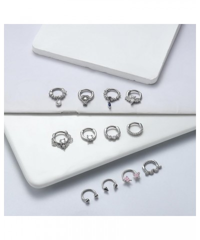 12PCS 16G Septum Rings for Women Men Black Silver Gold Surgical Steel Septum Jewelry Cute CZ Dangle Horseshoe Nose Rings Hoop...