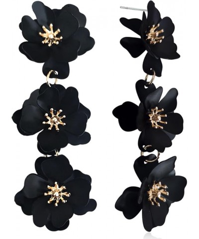 Elegant Bohemian Matte Tiered Triple Flower Dangle Drop Earrings Chic Charm Cute Long Floral Stud Earrings for Women Girls St...