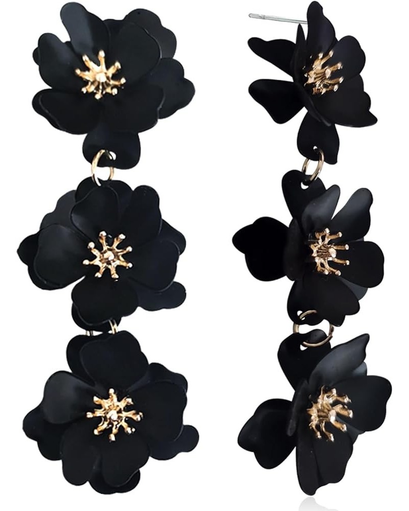 Elegant Bohemian Matte Tiered Triple Flower Dangle Drop Earrings Chic Charm Cute Long Floral Stud Earrings for Women Girls St...