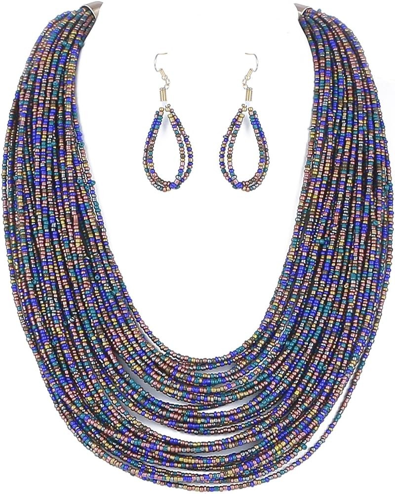 Women Wax Line Choker Statement Jewelry Set, Multi Layer Chunky Bib Necklace 2-Navy Blue2 $5.95 Jewelry Sets