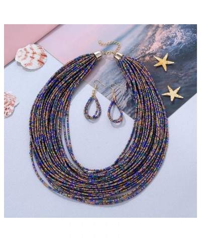 Women Wax Line Choker Statement Jewelry Set, Multi Layer Chunky Bib Necklace 2-Navy Blue2 $5.95 Jewelry Sets